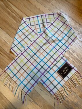 Coach Multicolor Plaid Fringe Scarf - White Base Cashmere Blend